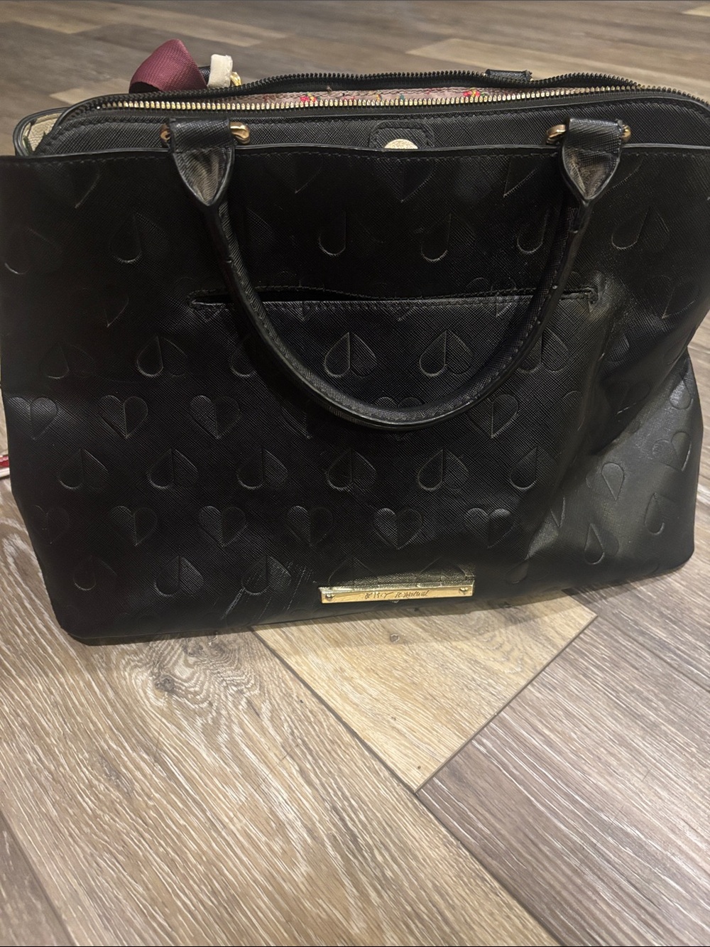 Betsey Johnson Black Heart-Embossed Tote with Gold Hardware